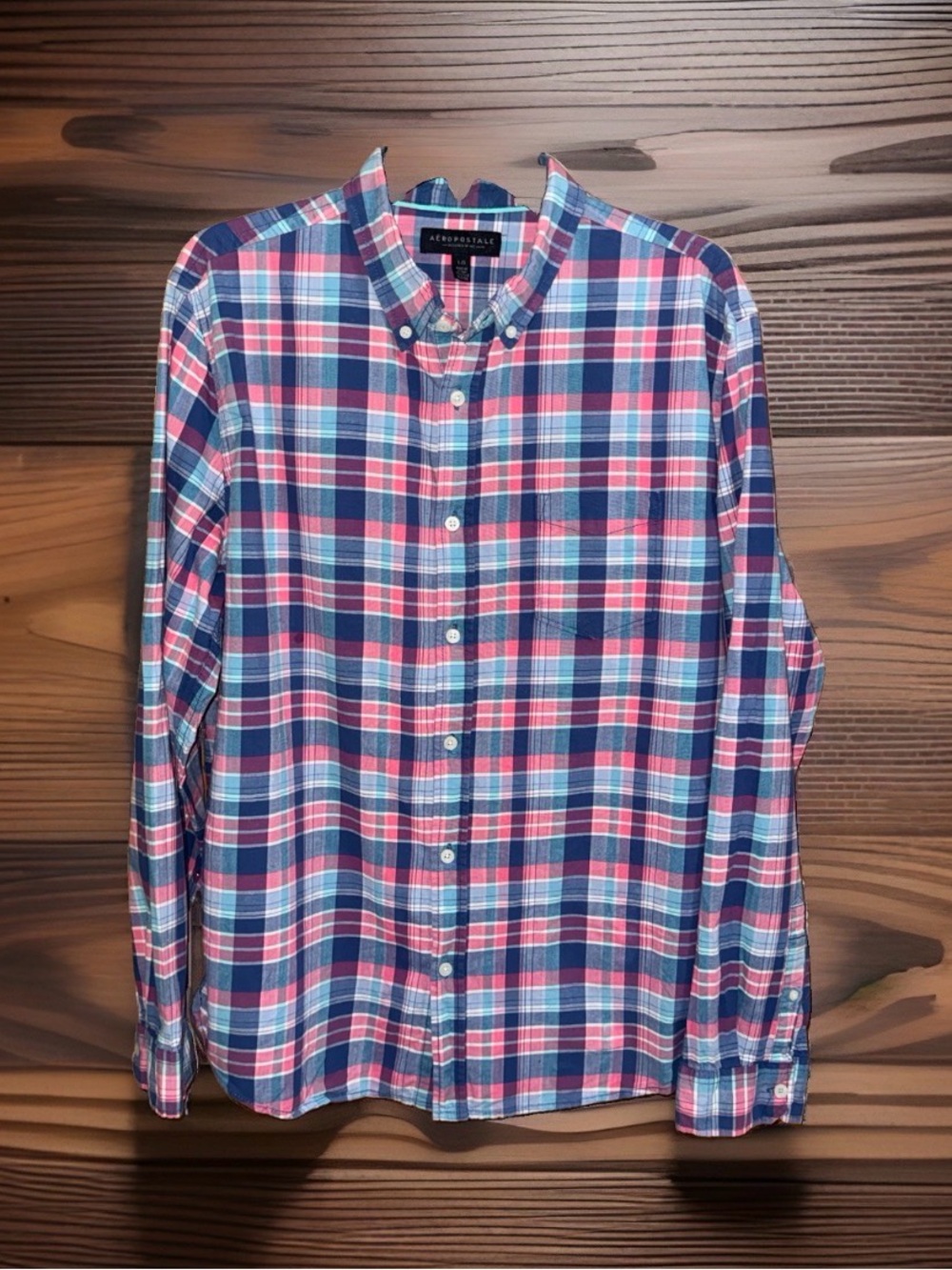 Aeropostale Men’s Blue & Pink Plaid Button-Down Shirt-L-EC